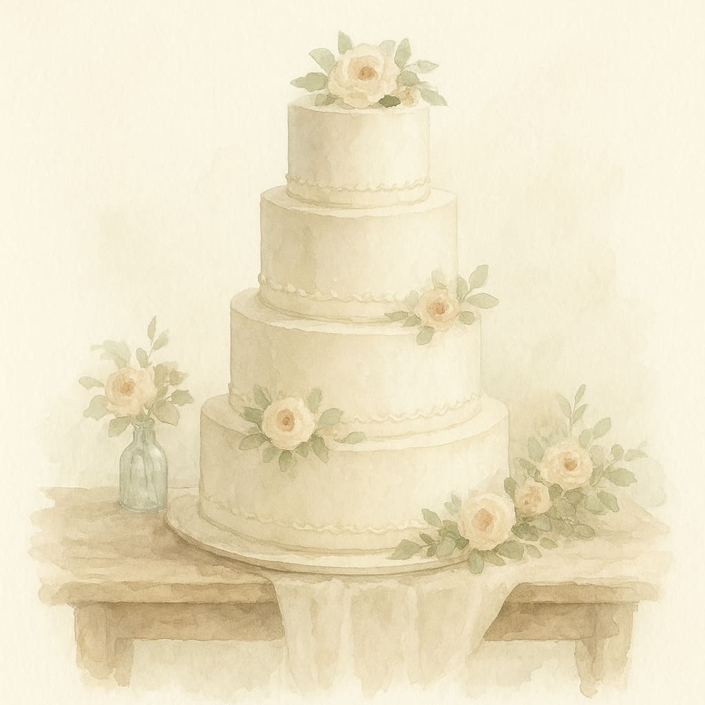 Elegante mehrstöckige Hochzeitstorte in heller Hochzeitslocation